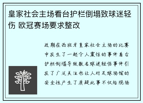 皇家社会主场看台护栏倒塌致球迷轻伤 欧冠赛场要求整改